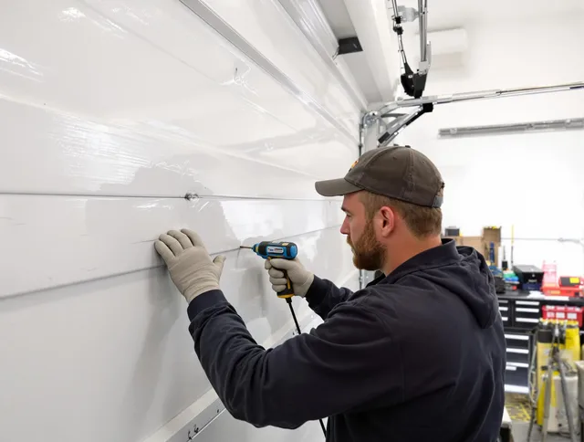 Buckeye Garage Door Repair technician demonstrating precision dent removal techniques on a Buckeye garage door