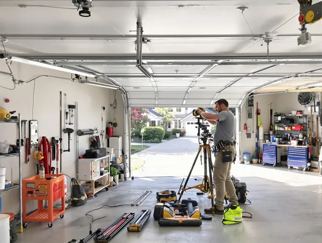 Buckeye Garage Door Repair specialist performing laser-guided track alignment in Buckeye
